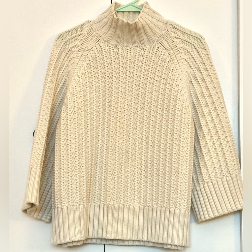Michael Kors Cashmere/Wool Relaxed-Fit Woven Sweater w/Mock Turtleneck in Ivory